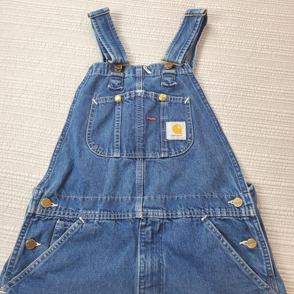 Carhartt Denim Bib Overalls Blue Wide Leg Raw Hem Workwear Skater Dungarees